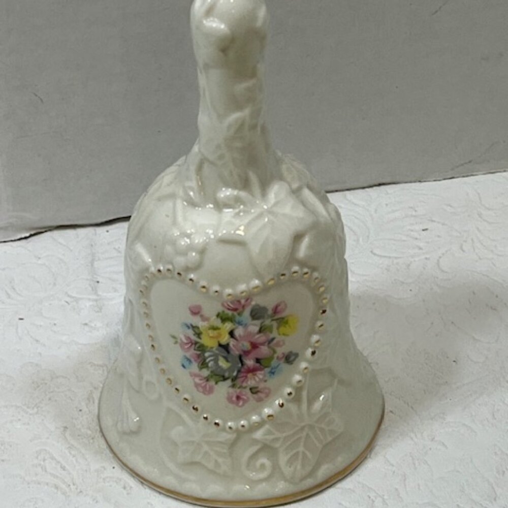 VTG Porcelain Hand Bell Raised Leaves Flowers Gold Edge Heart Ivory White 3"x5"